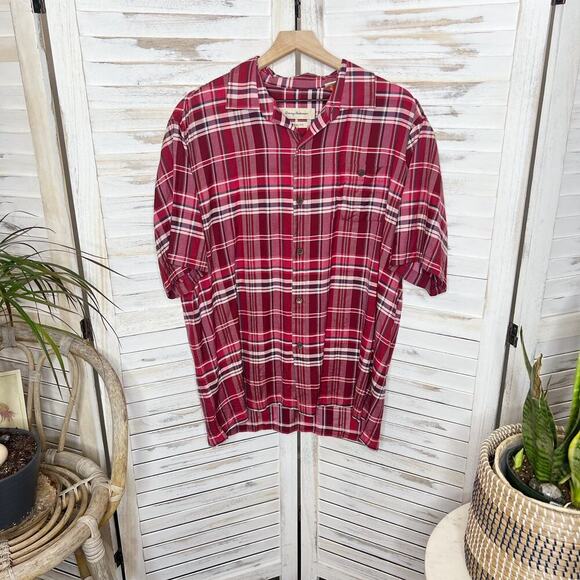 TOMMY BAHAMA Men's L Silk Red Plaid Button Front Casual Shirt Short Sleeve - Picture 12 of 12